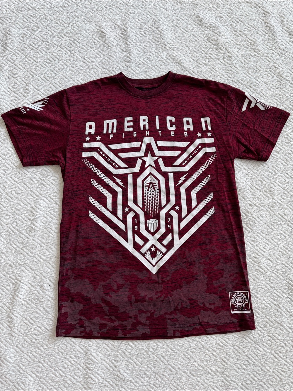 American Fighter Maroon Short Sleeve Graphic Tee with White Print Sz M